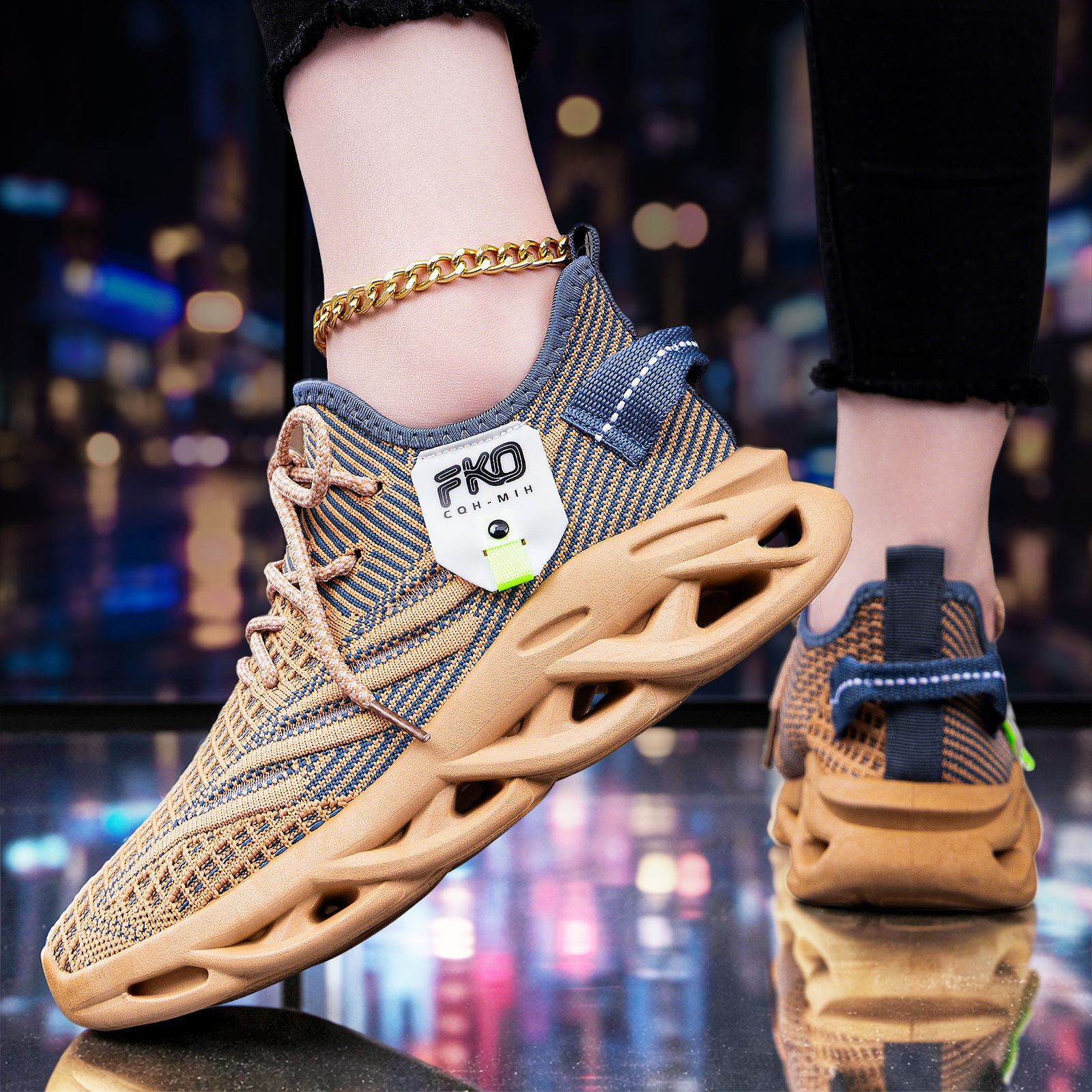 Knit Fabric Lace Up Sneakers - รองเท้าผ้าใบผู้ชายแบบถัก ระบายอากาศได้ดี พื้นรองเท้าแบบใบมีด ทอแบบบิดเกลียว สไตล์ลำลอง รองเท้ากีฬา