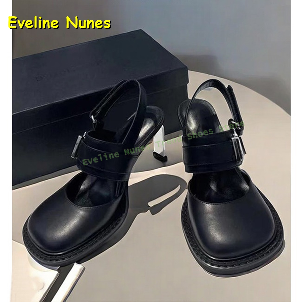 Sandals - รองเท้าส้นสูงแบบสวมเปิดส้น สีดำ หัวเหลี่ยม ประดับหัวเข็มขัด สายรัดหลัง พื้นหนา