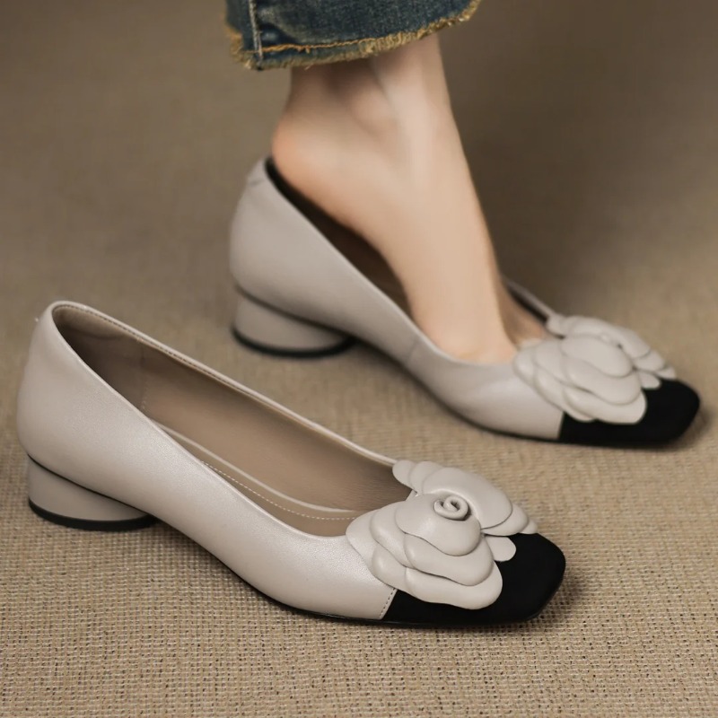 Heels - รองเท้าส้นสูงแบบสวมสำหรับผู้หญิงไซส์ใหญ่ 34-41 ผลิตจากหนังแกะผสมสี ตกแต่งลายดอกไม้ สไตล์ OL
