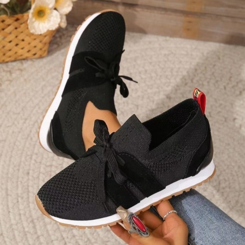 Knit Fabric Lace Up Sneakers - รองเท้าผ้าใบผู้หญิงแบบถักสีดำใหม่ ระบายอากาศได้ดี รองเท้าส้นเตารีดแบบใหม่ ไซส์ใหญ่พิเศษ 43 กันลื่น