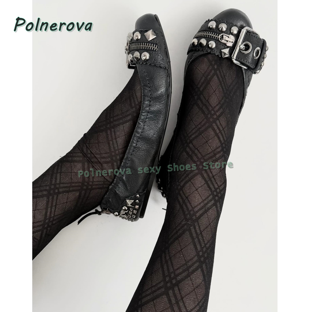 Women'S Shoes - รองเท้าส้นเตี้ยแบบมีซิปประดับตกแต่ง รุ่น Mary Jane หัวแหลม พร้อมหัวเข็มขัดแบบ