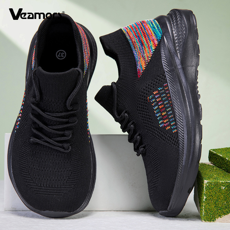 รองเท้าผ้าใบตาข่ายระบายอากาศสำ - Knit Fabric Lace Up Sneakers บทวิจารณ์และราคา